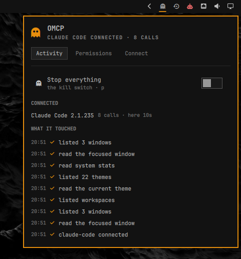 OMCP activity feed showing a connected Claude Code agent and its recent calls