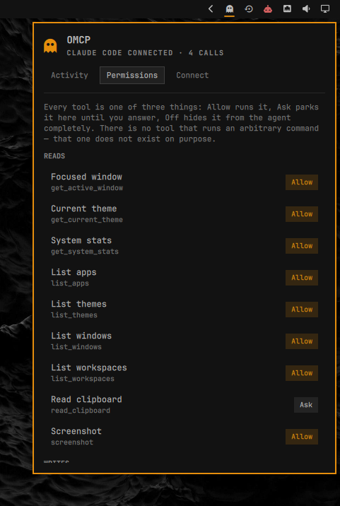 OMCP permissions list with Allow and Ask states