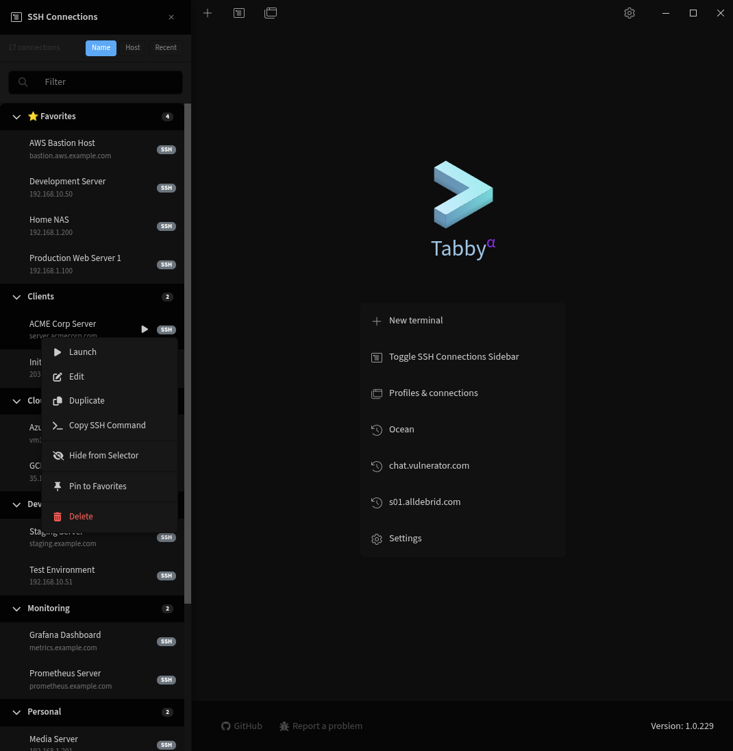 Right-click context menu with connection options