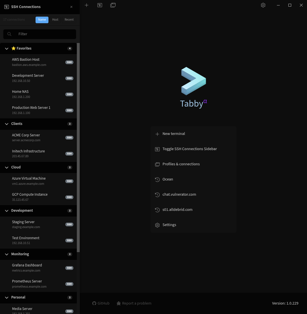 Sidebar with grouped connections and favorites