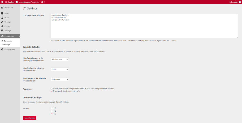 Pressbooks LTI Settings.