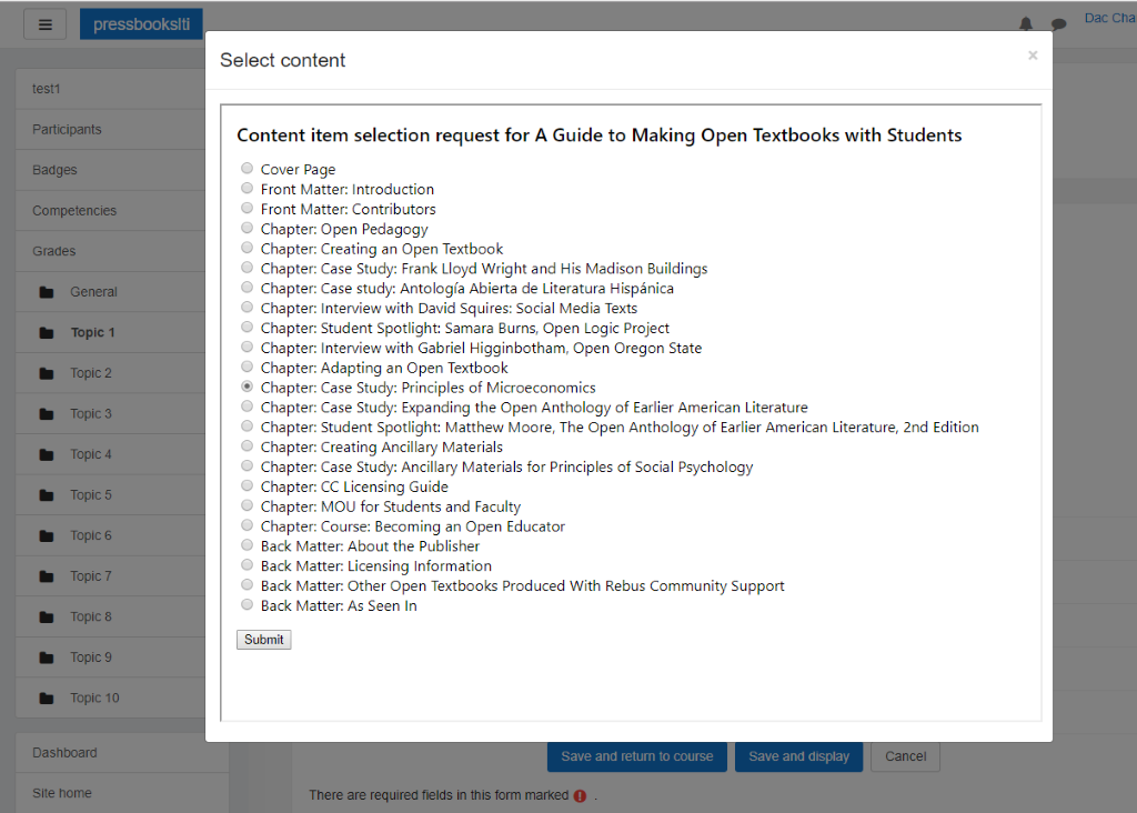 ContentItemSelectionRequest in Moodle.