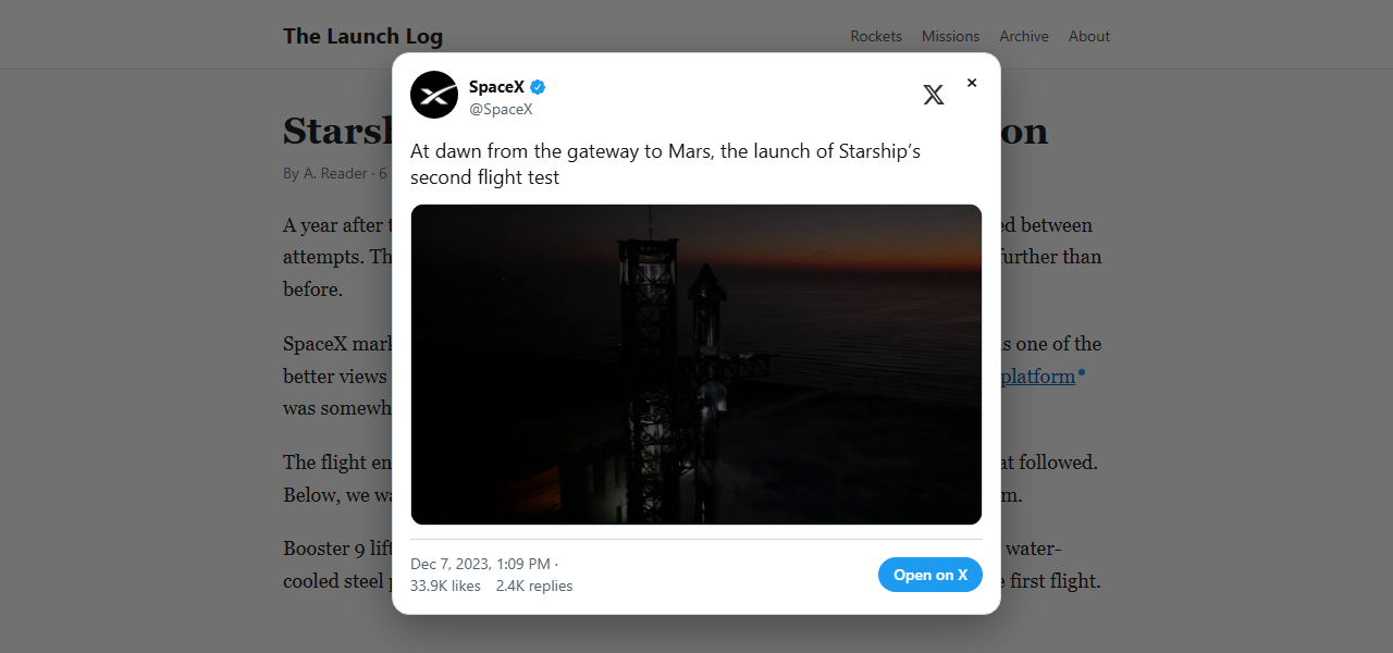The same article with the post open in a popup over the page, showing text, a photo, the date, and an Open on X button.