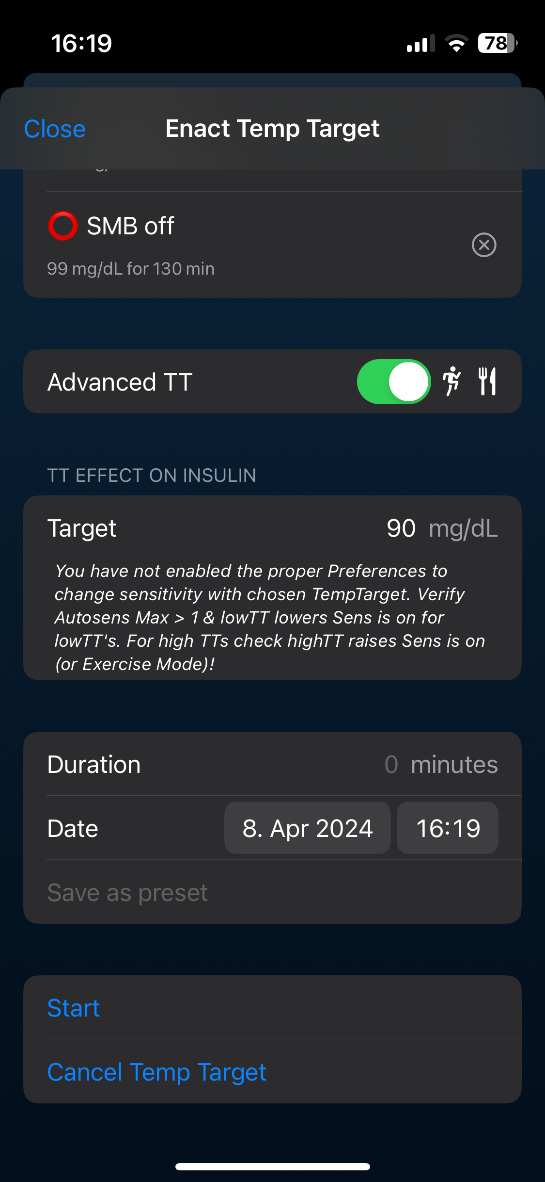 advanced exercise TTs - missing prefs