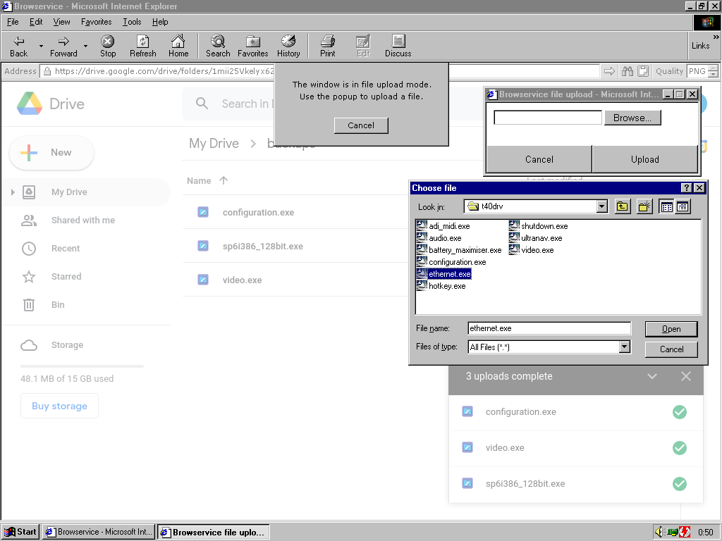 Screenshot of Internet Explorer 6 on Windows NT 4.0 uploading files to Google Drive