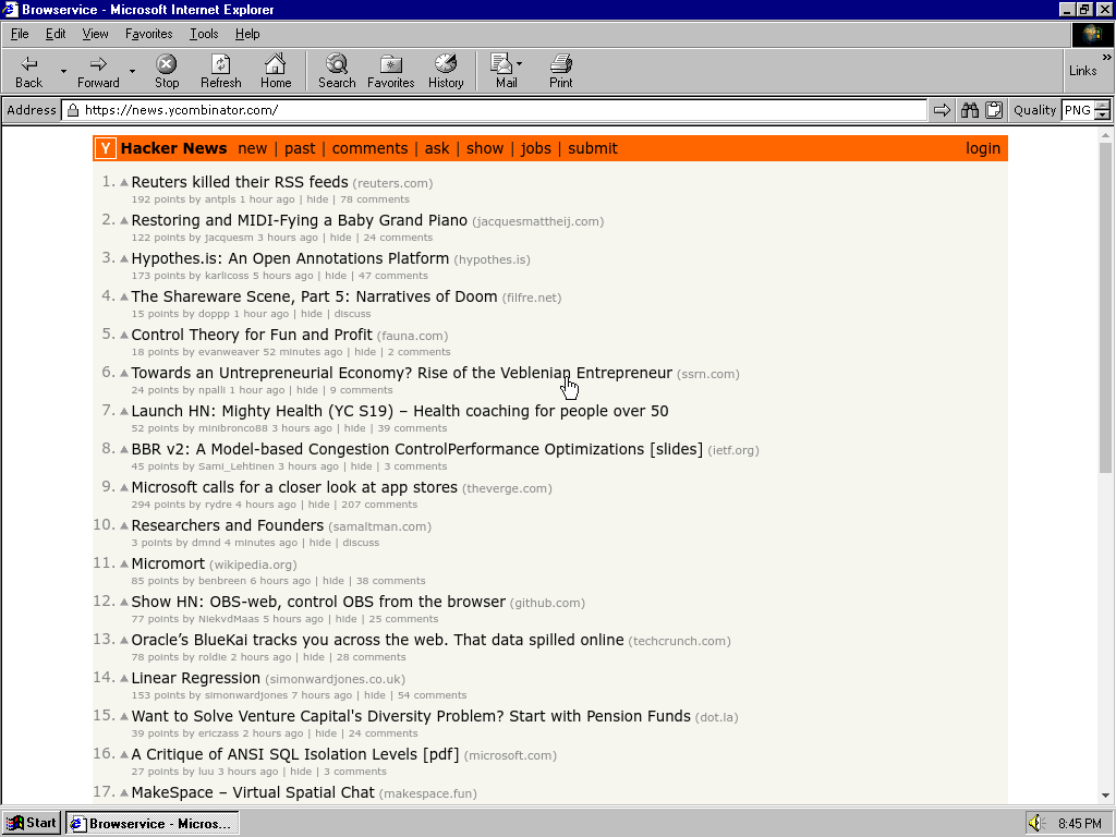 Screenshot of Internet Explorer 6 on Windows NT 4.0 showing Hacker News