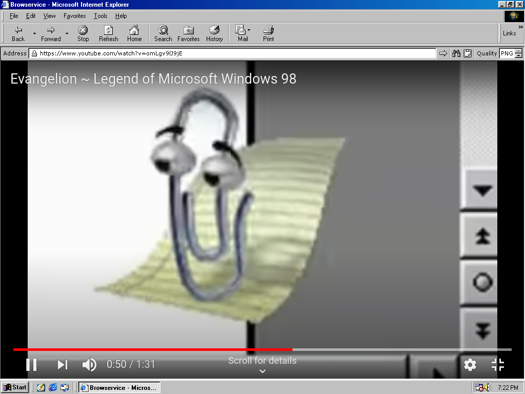 Screenshot of Internet Explorer 5 on Windows 98 SE showing a YouTube video