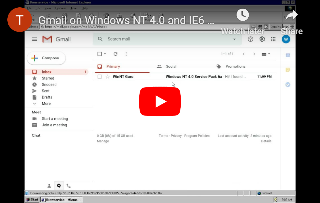 YouTube video of Gmail usage on IE6 with the help of Browservice