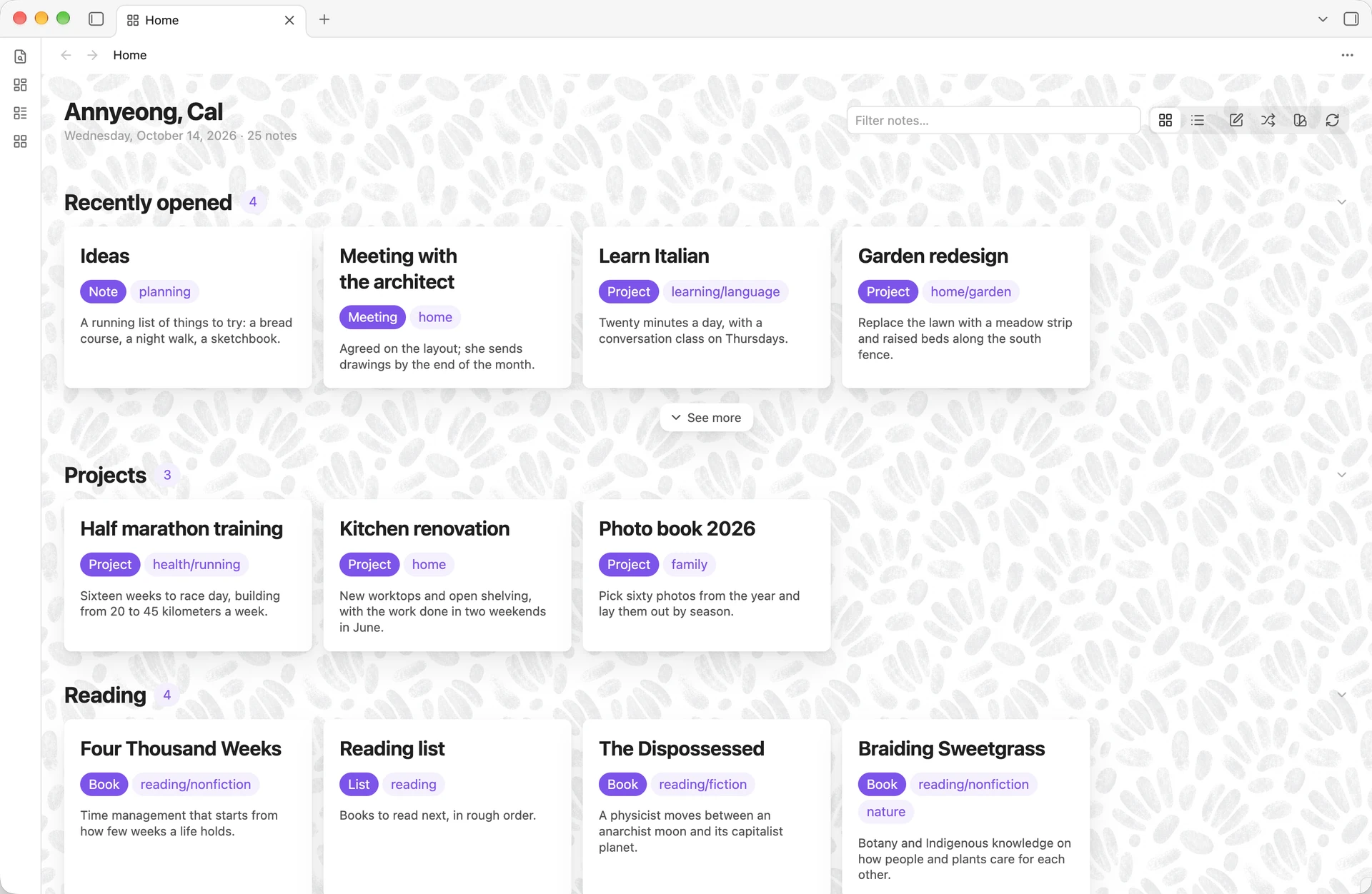 Home Cards in grid view, light mode