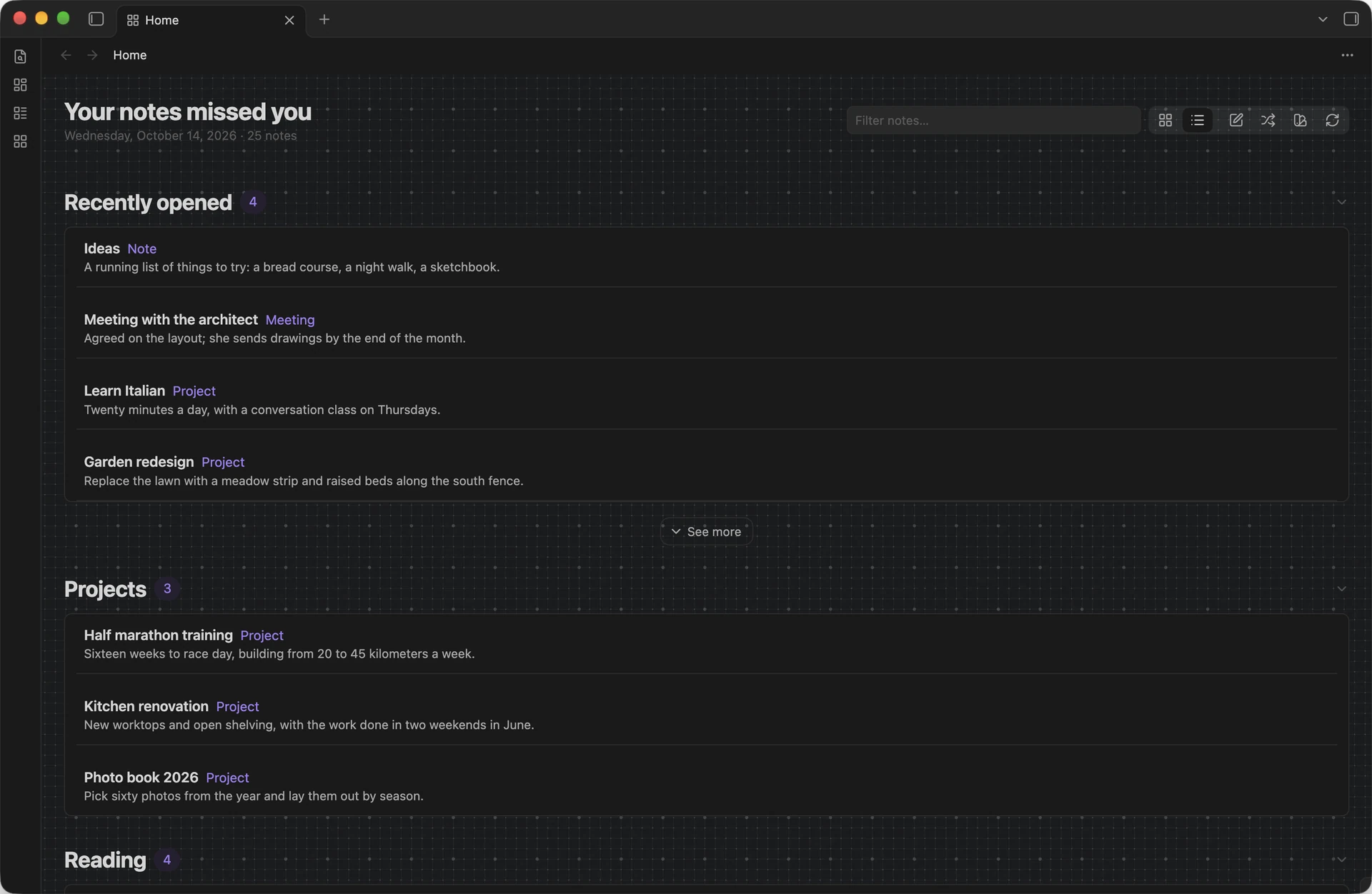 Rows view, dark mode