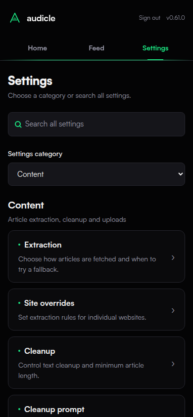 Settings, mobile