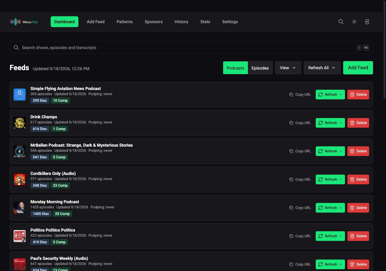 MinusPod dashboard on desktop