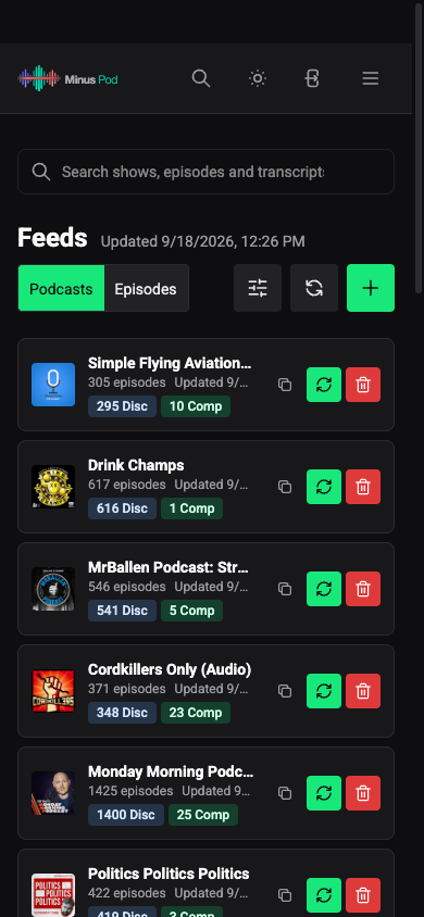 MinusPod dashboard on mobile