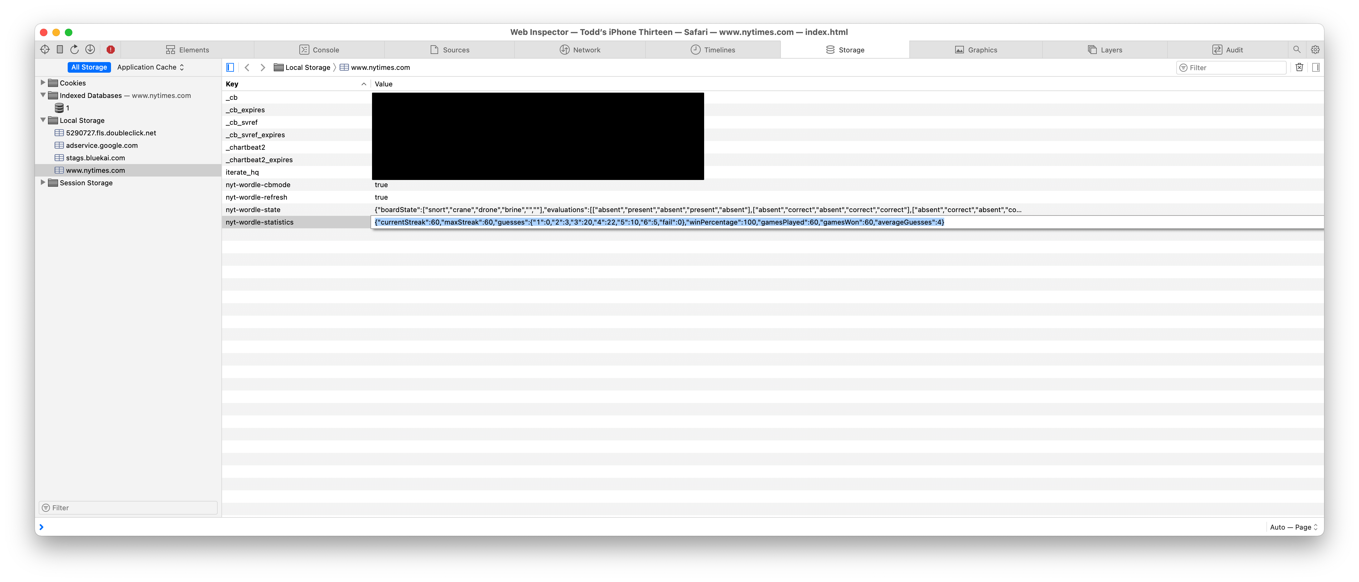 Image showing nyt-wordle-statistics selected in the Local Storage web inspector