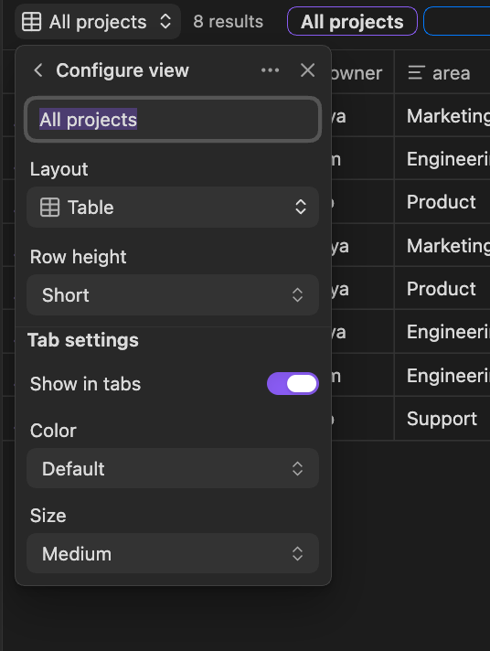 The Tab settings section at the bottom of Configure view