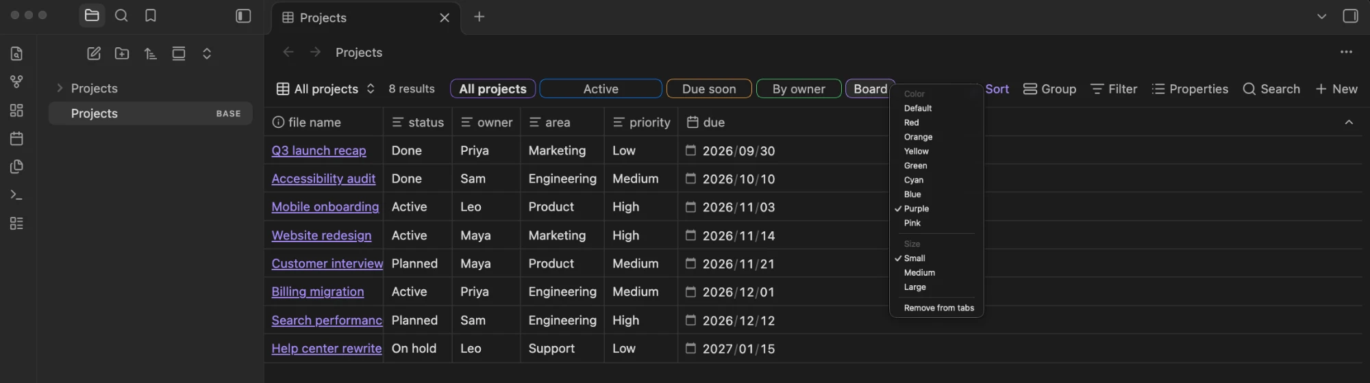 The context menu of a tab, with Color, Size and Remove from tabs