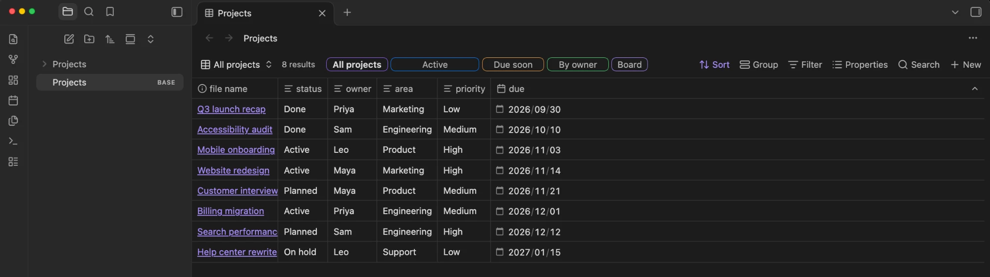 A Projects base with the views All projects, Active, Due soon, By owner and Board shown as tabs next to "3 results"