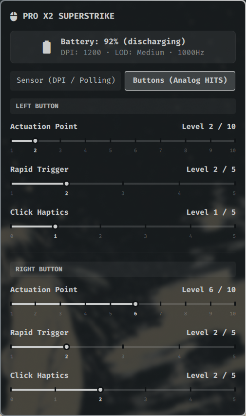 Buttons tab showing analog-switch button controls
