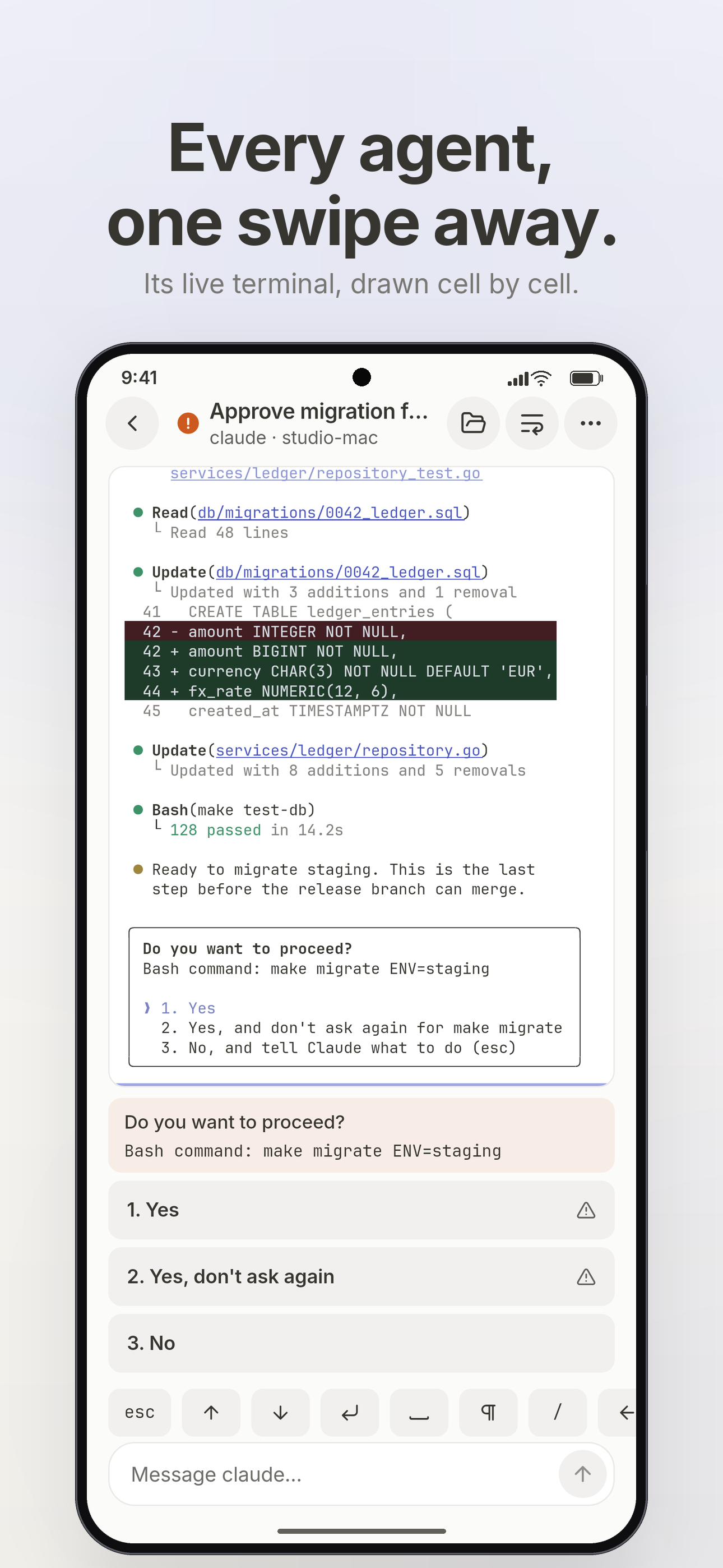 A live terminal pane, one swipe from the next agent