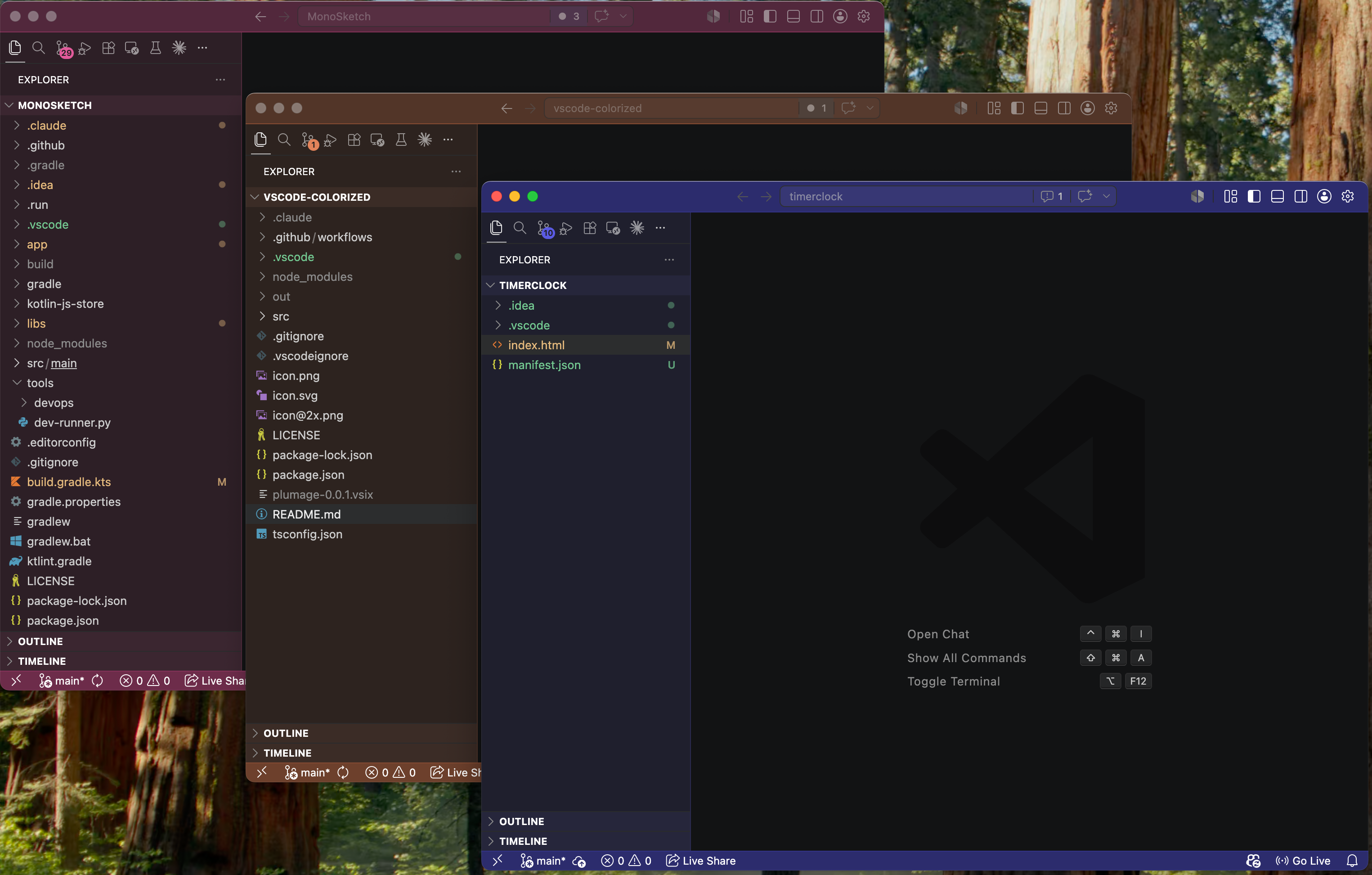 Three VSCode windows, each given a distinct color by Plumage based on its workspace path
