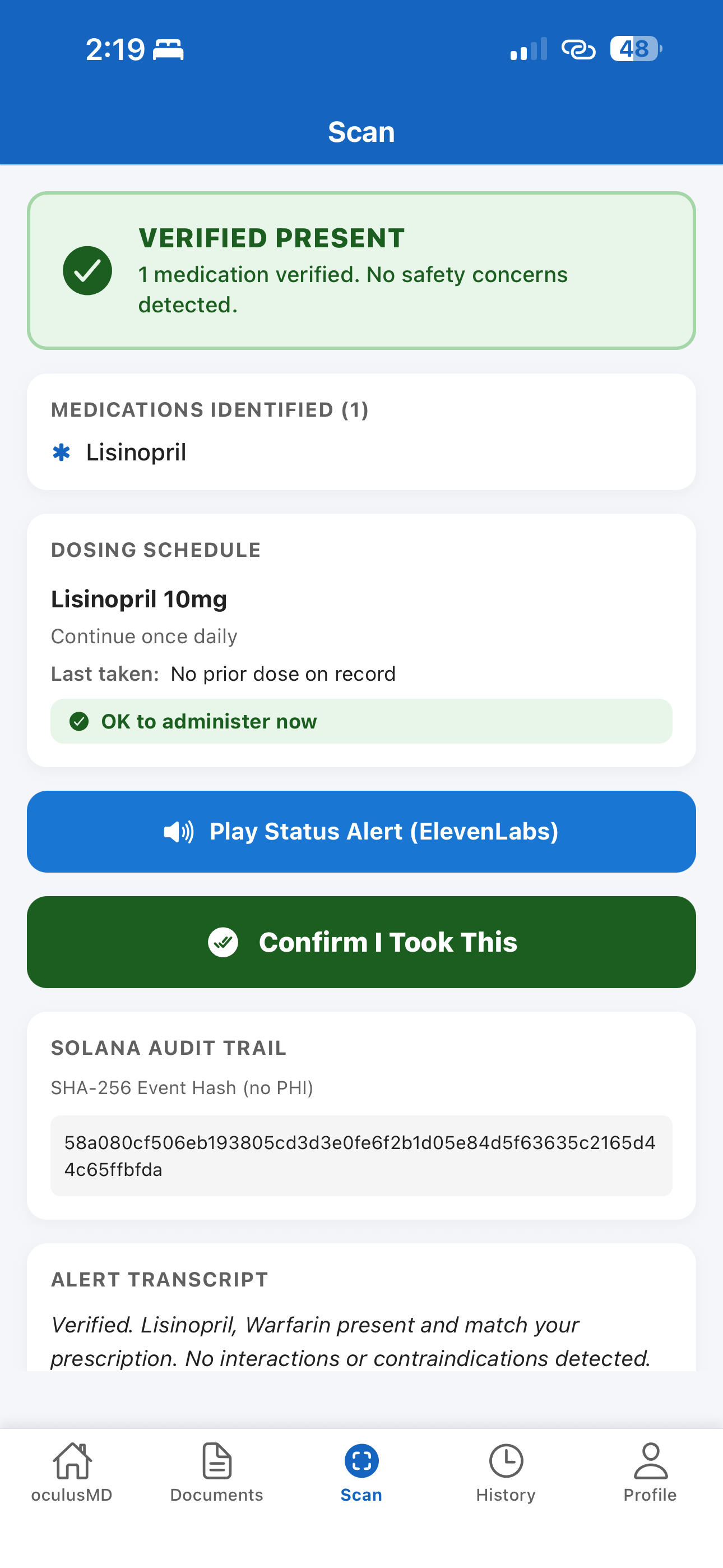 oculusMD scan result showing a verified-safe medication