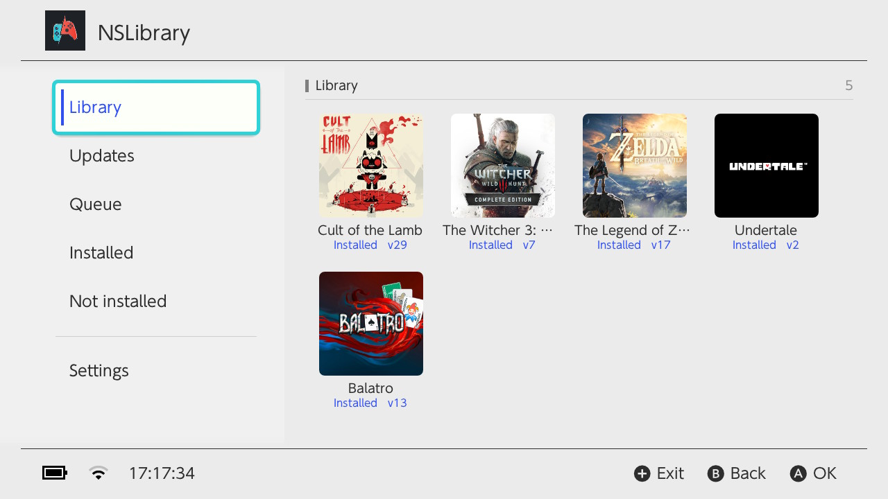 The Switch app's library grid, showing five games with their installed version under each icon