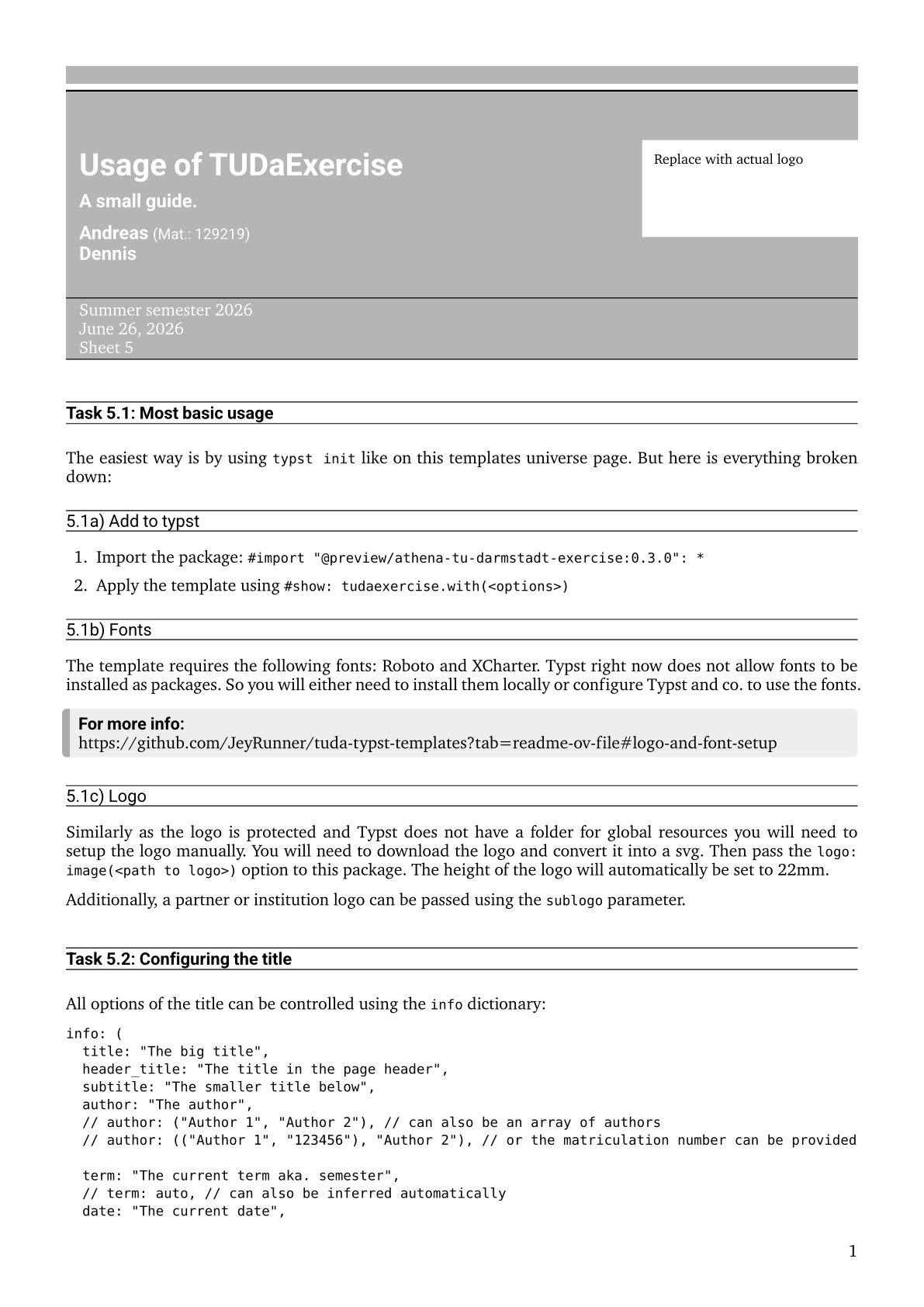An exemplary tudaexercise sheet