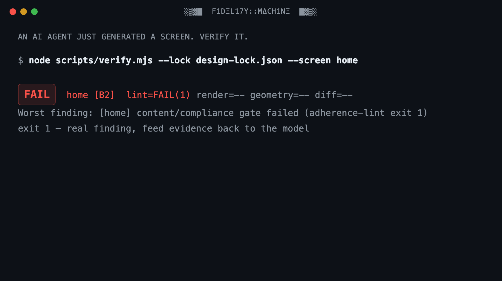 The gate catching an off-system color with the exact file, line and rule, then passing after the fix