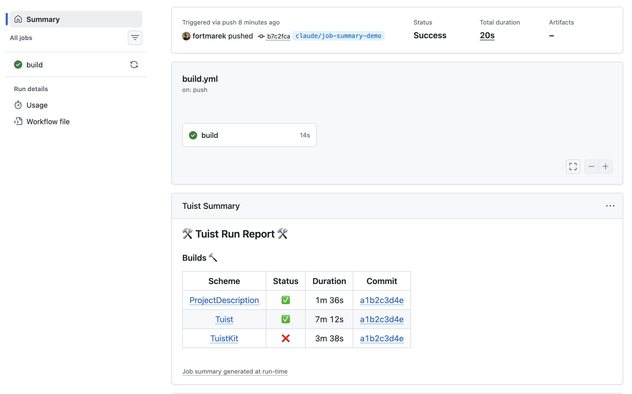 The Tuist Run Report in a GitHub Actions job summary