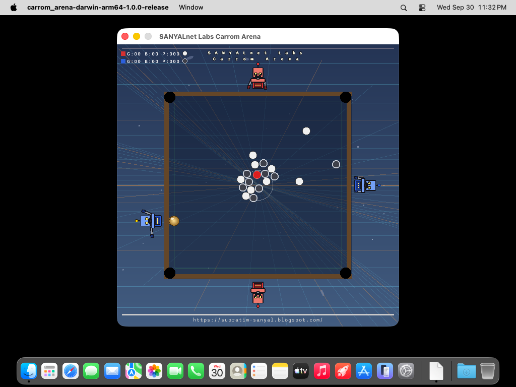 Carrom Arena 1.0.0, a carrom game finished by hand after the AI software company was fired, running natively on macOS 26 Tahoe on Apple Silicon: a carrom board with white and charcoal coins and a red queen, a gold striker, two red and two blue robot players around the board, a scoreboard at top left and a Tron-style grid behind it.