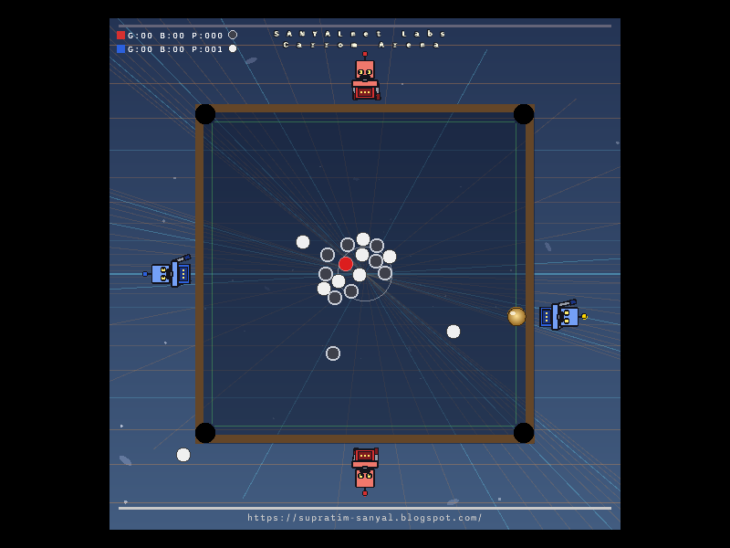 Carrom Arena on Ubuntu 24.04 x64: the game window alone, with a carrom board mid-game, coins scattered from the center, a red queen, a gold striker beside the east robot, and red and blue robots on the four sides.