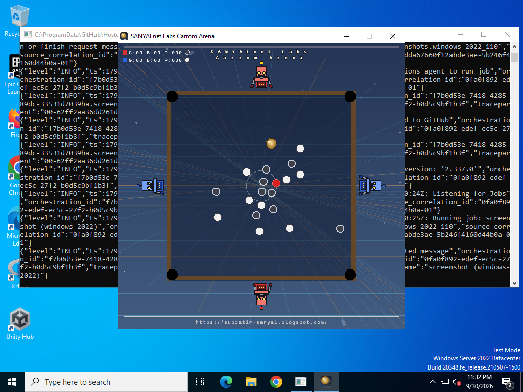 Carrom Arena on Windows Server 2022 x64 with a GitHub Actions runner's log console visible behind the game window, showing a carrom board mid-game with red and blue robots.