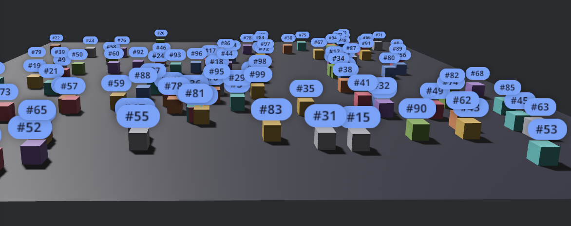 Dozens of colored cubes in a 3D scene, each with a numbered React badge anchored above it that tracks its cube as the camera moves.