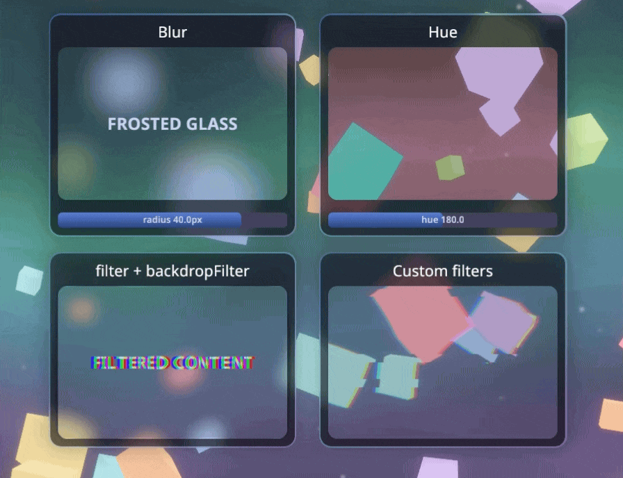 A frosted-glass panel with backdropFilter blur over a live 3D scene: the moving cubes behind it soften into shapes while the panel's own text stays sharp.