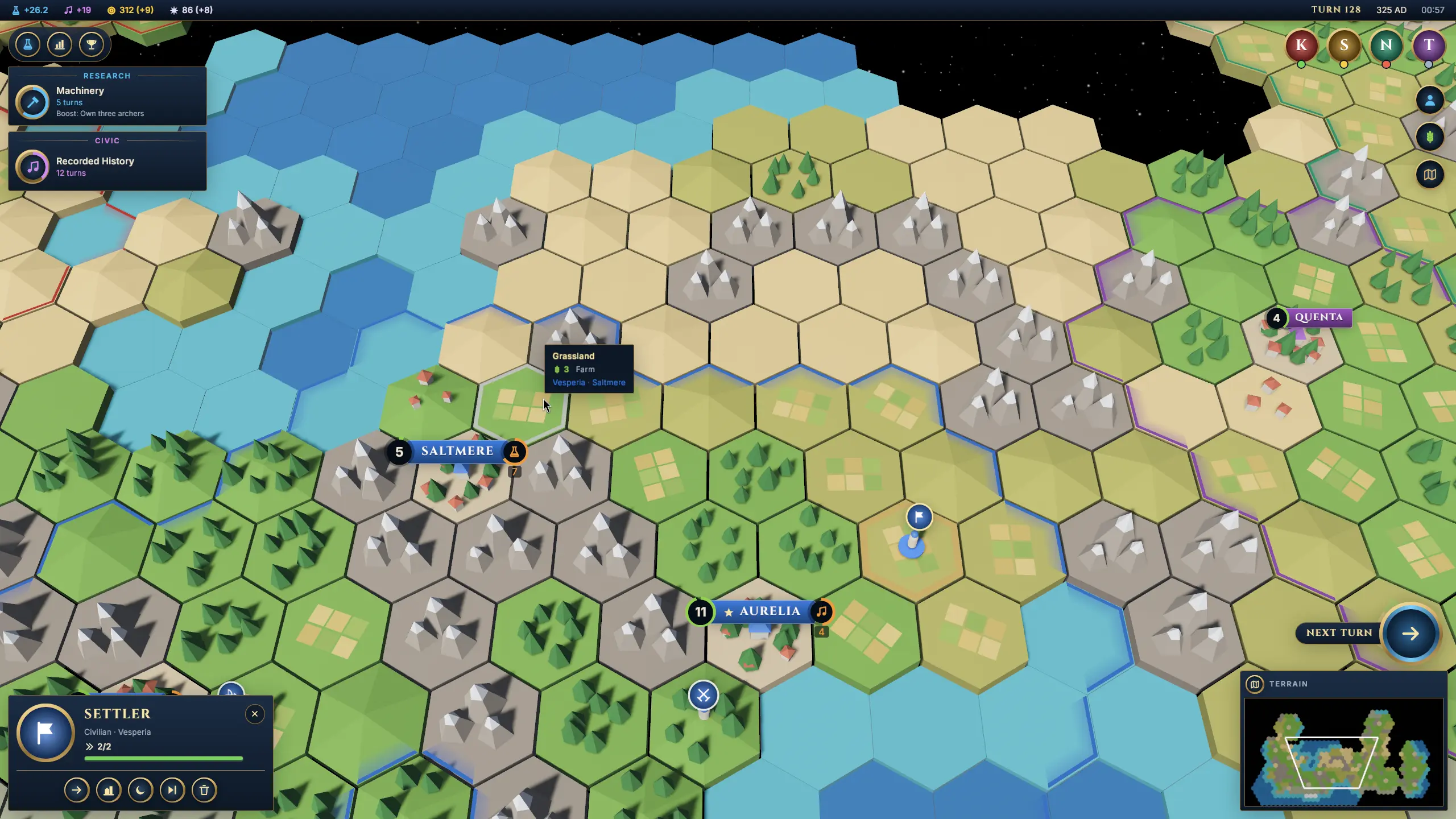 A hex map of forests, farms and snowy mountains under a strategy-game interface: city banners over the towns, research and civic trackers, rival leaders, a minimap and the next-turn button.