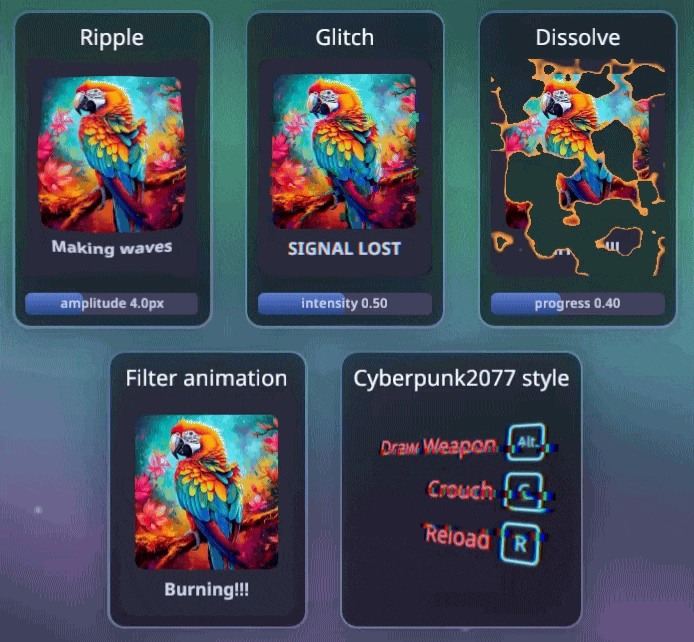 Custom WGSL filters running on live UI: a ripple distortion, a glitch effect, and an animated dissolve driven by a shared value.