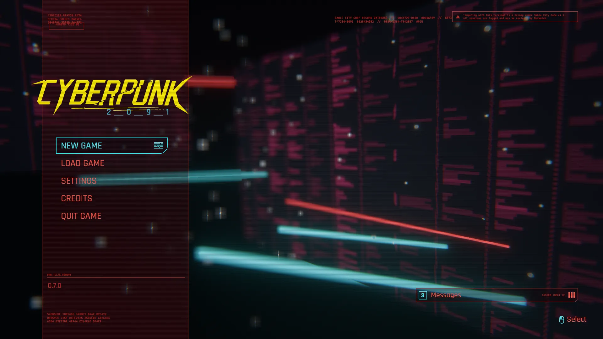 The main menu of the homage: a slashed yellow CYBERPUNK wordmark and five menu items on a translucent red band, glowing cyan and red bars and walls of magenta data blurred behind it.