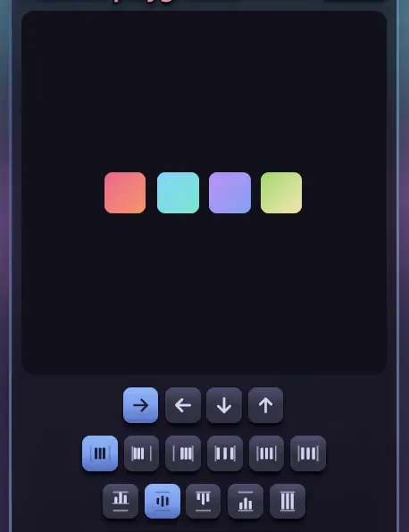 Four gradient swatches in a flex container easing to their new slots as direction, justify, and align are flipped from the controls below.