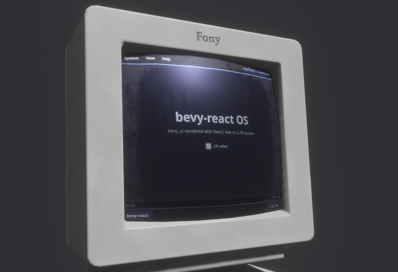 A 3D monitor model whose screen is a live React "OS" — menu bar, taskbar, status line, and a code viewer — rendered into an offscreen texture and clickable in 3D.