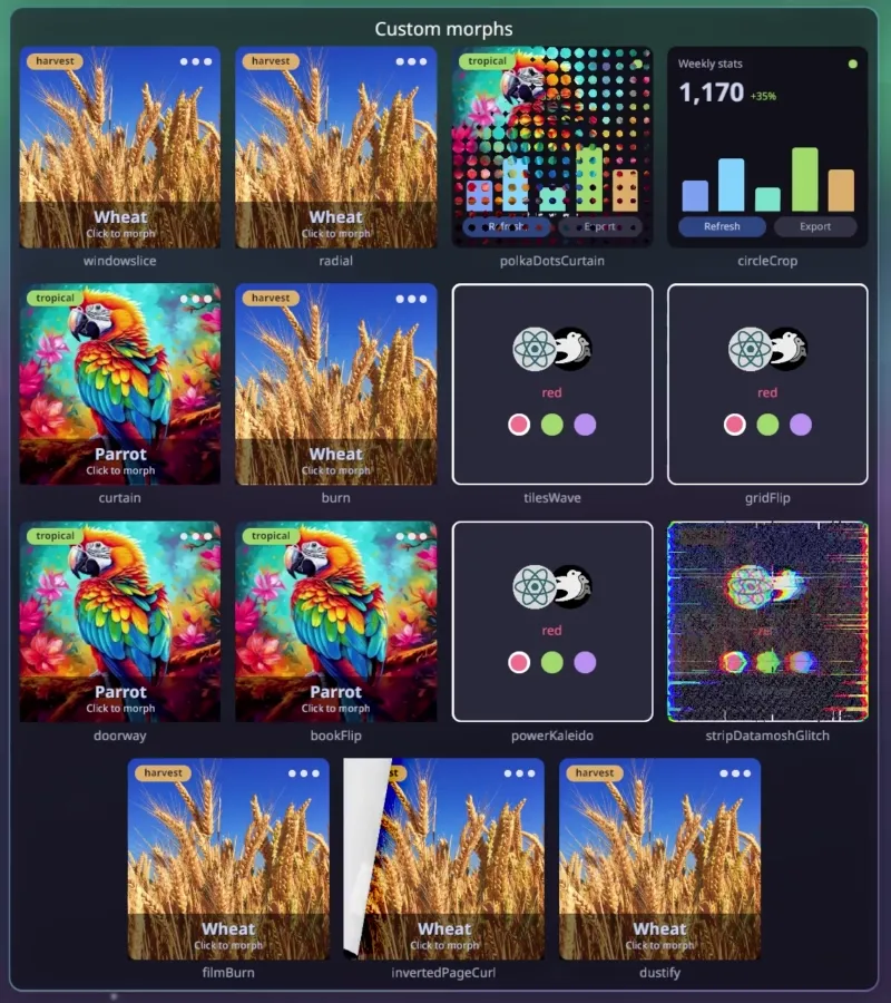 The demo's gl-transitions morph pack animating on live UI cards: windowslice, radial, polka-dots curtain, circle crop, curtain, burn, tiles wave, grid flip, doorway, book flip, kaleidoscope, datamosh glitch, film burn, and an inverted page curl.