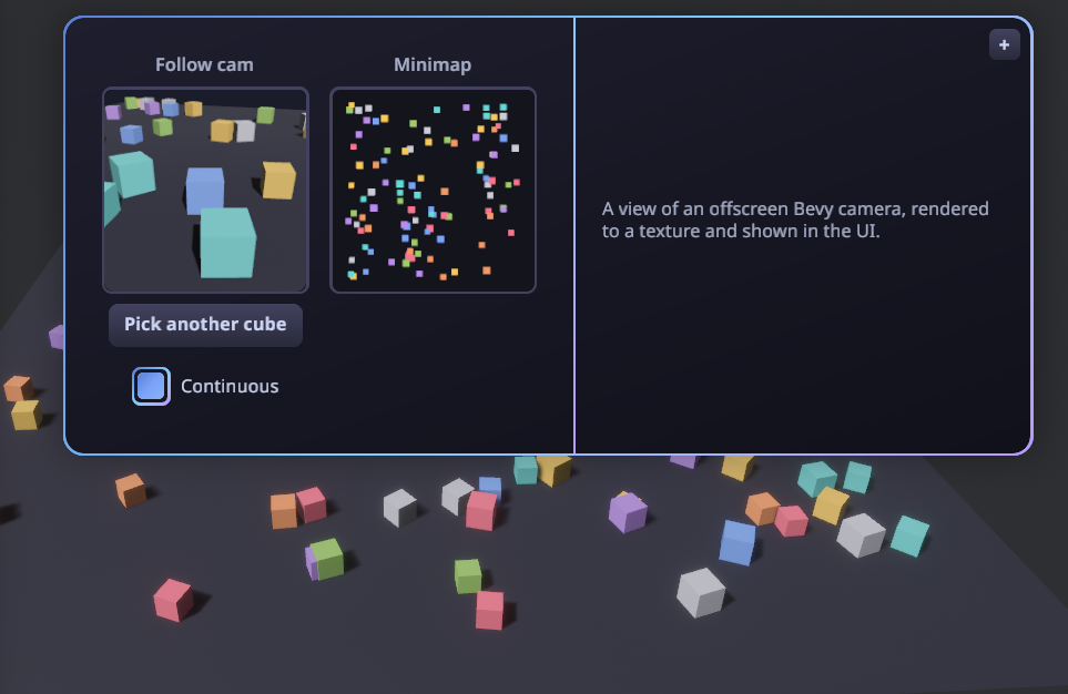 A "follow" portal showing an offscreen chase-cam view of a wandering cube and a 2D minimap of the whole field, each rendered by a Bevy camera into a texture and displayed in the React UI.