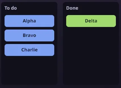 A two-column "To do / Done" tickets board: a clicked ticket flies to the other column and the remaining tickets slide up to close the gap.
