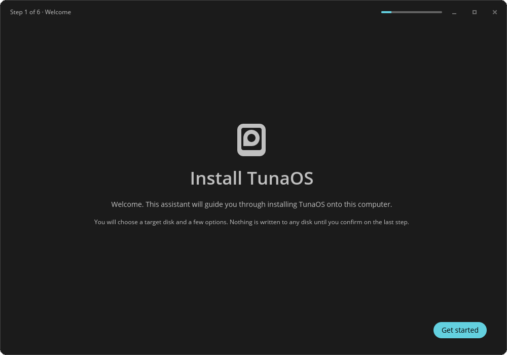 The TunaOS COSMIC installer, screen by screen: welcome, disk selection, options, confirmation, install progress, and completion.