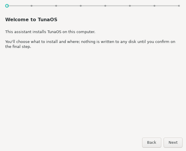 The TunaOS XFCE installer, screen by screen: welcome, image selection, disk selection, filesystem and encryption, account, confirmation, install progress, and completion.