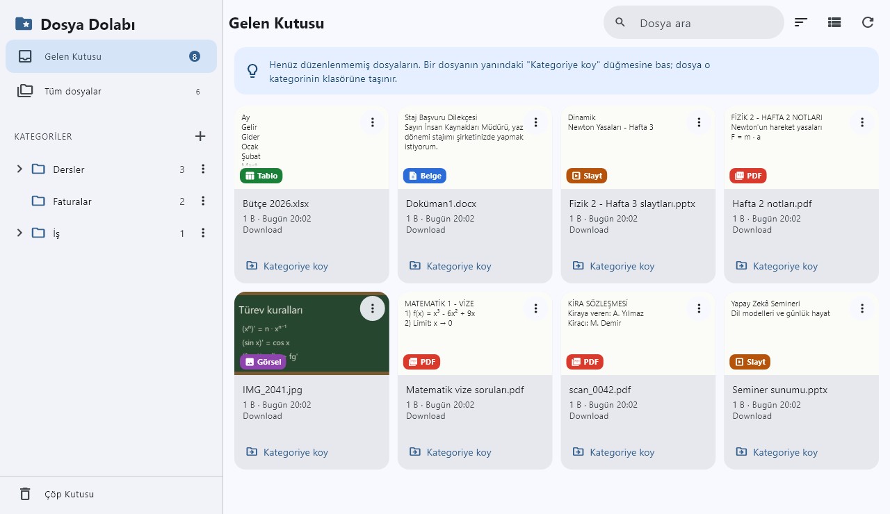 Dosya Dolabı's inbox with sample files: a category tree on the left, file cards with previews of a spreadsheet, a document, slides and PDFs on the right.