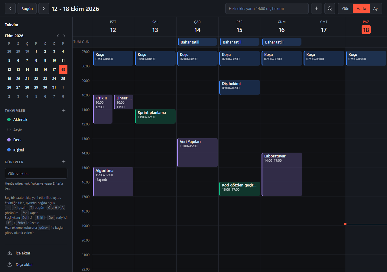 Takvim's week view: a mini month calendar and calendar list on the left, color-coded event blocks on the right.