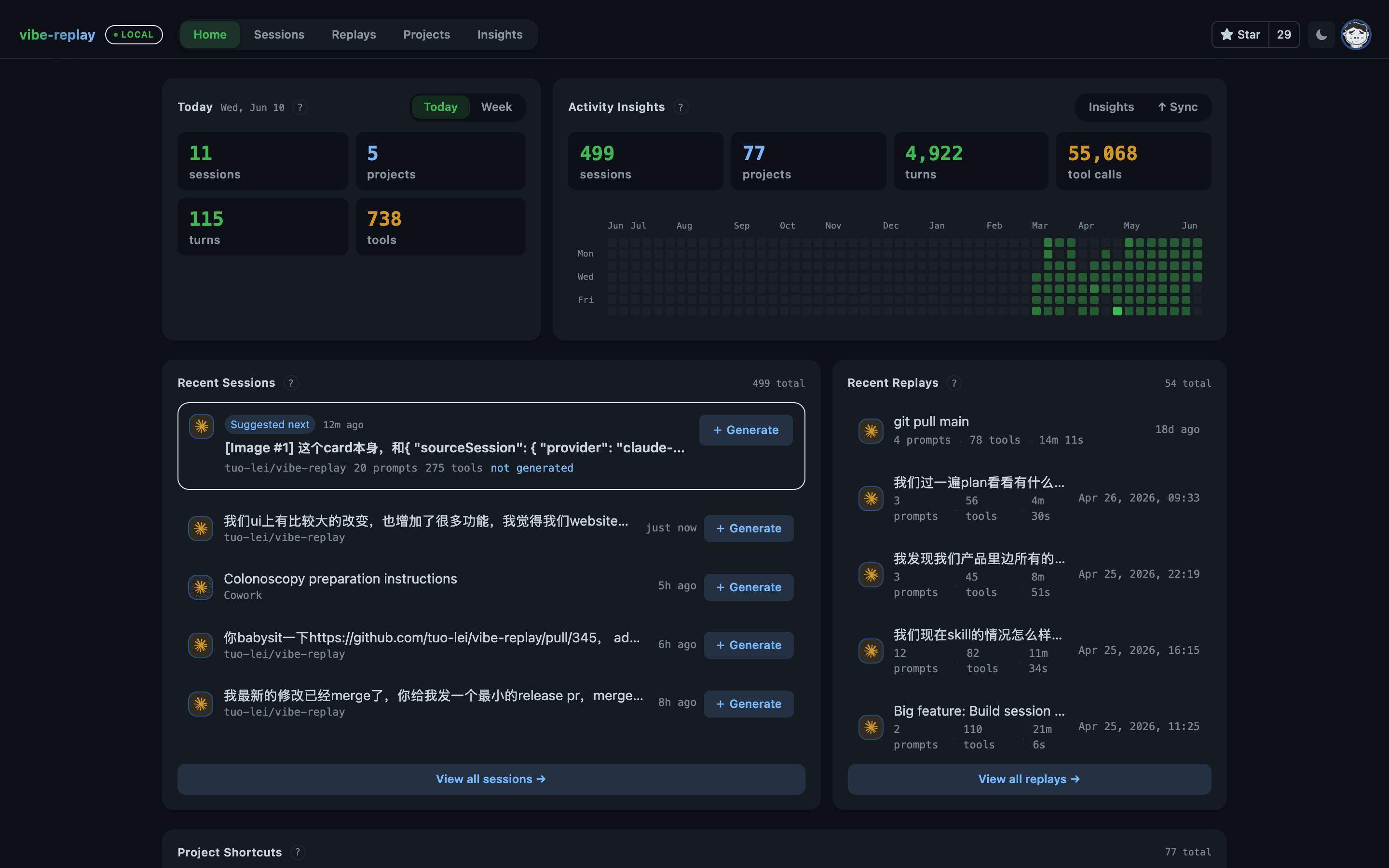 Local dashboard — browse sessions, activity heatmap, project analytics