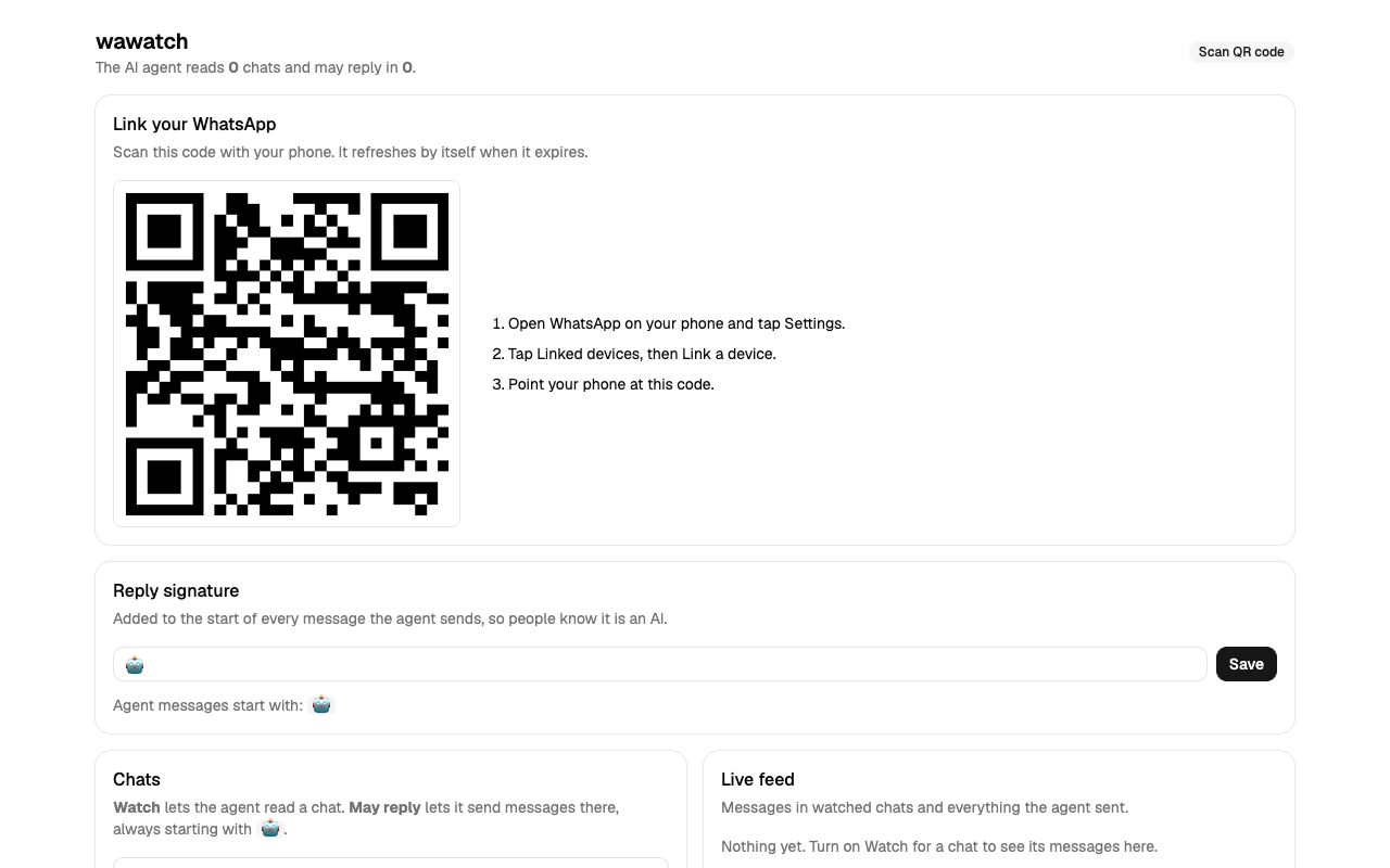 wawatch pairing screen: a QR code and the three phone steps