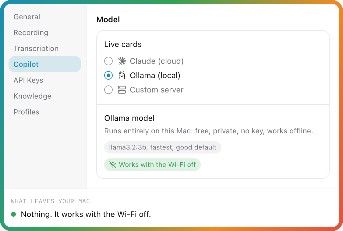 Copilot settings with Ollama (local) selected, running llama3.2:3b. What leaves your Mac: nothing, it works with the Wi-Fi off