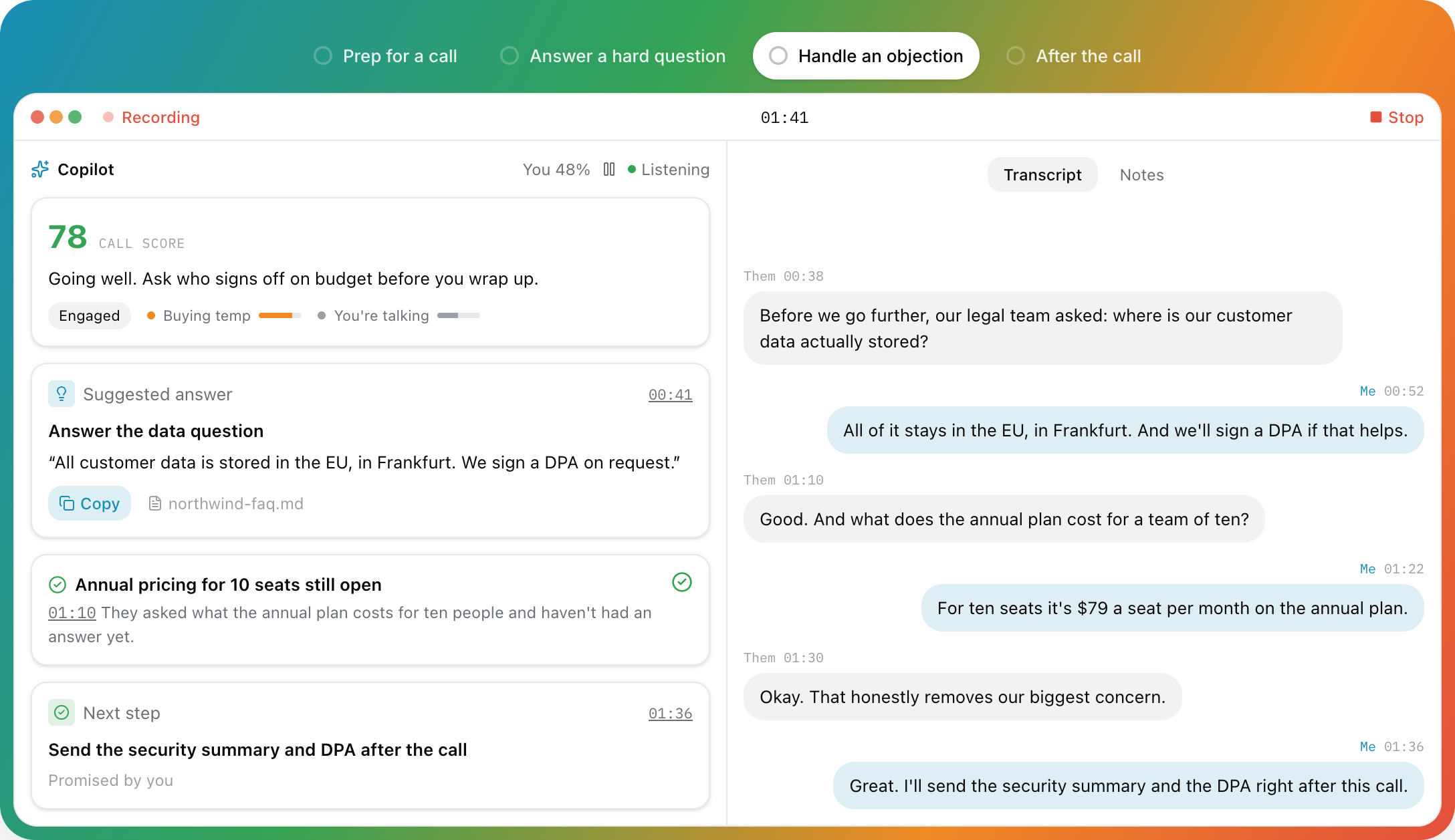 Parrot's live call screen: call score 78 with a coach line, a suggested answer quoted from northwind-faq.md, a resolved pricing question, a next step you promised, and the live transcript